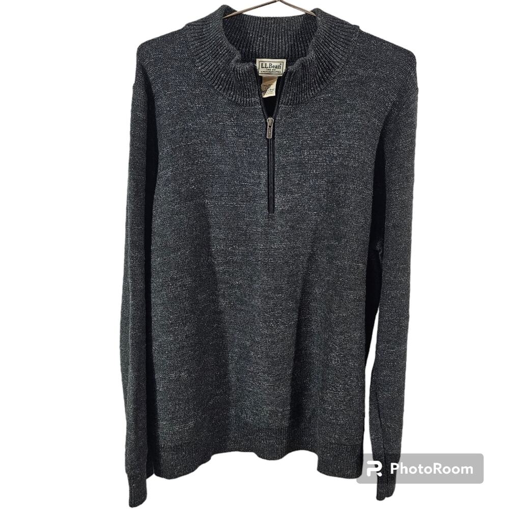 LL Bean Men's Textured Black Organic Cotton Sweater, Quarter-Zip Size L…